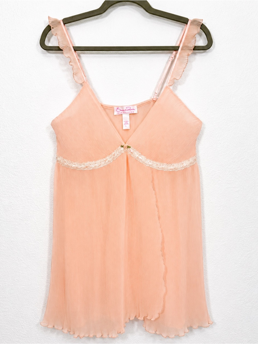 Oscar De La Renta Intimates Peach Sheer Coquette Babydoll Slip Dress Lace Trim L